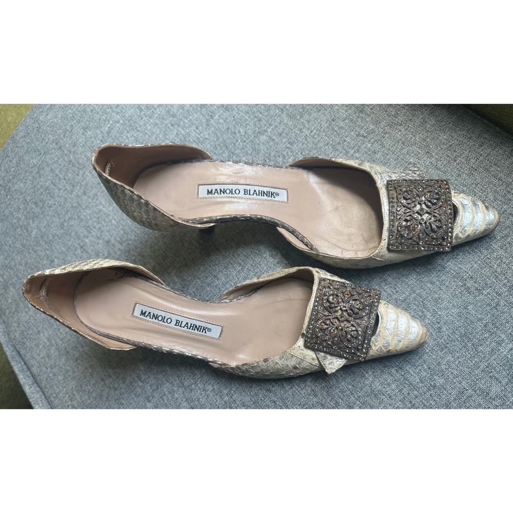 Manolo Blahnik Snakeskin D'Orsay Pumps Metallic Silver Filigree Buckle Heels 36